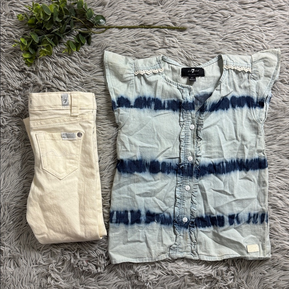 7 For All Mankind blue tie dyed  blouse and creme jeans size size 4t